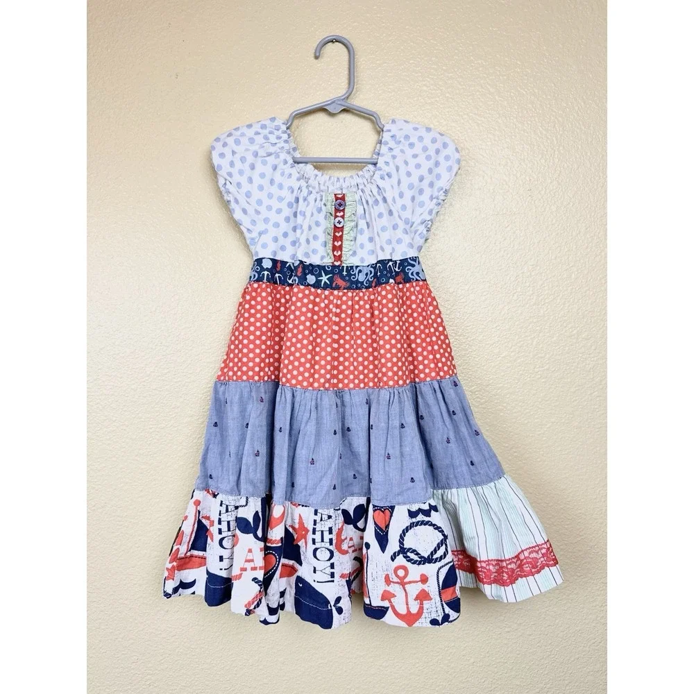 Matilda Jane Girls Platinum Nautical Sailing Dress Size 6 Patriotic Sea Twirl